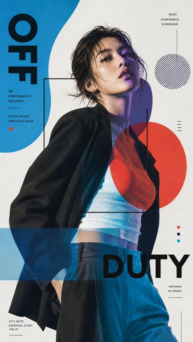Fashion poster with blue and red graphic shapes.