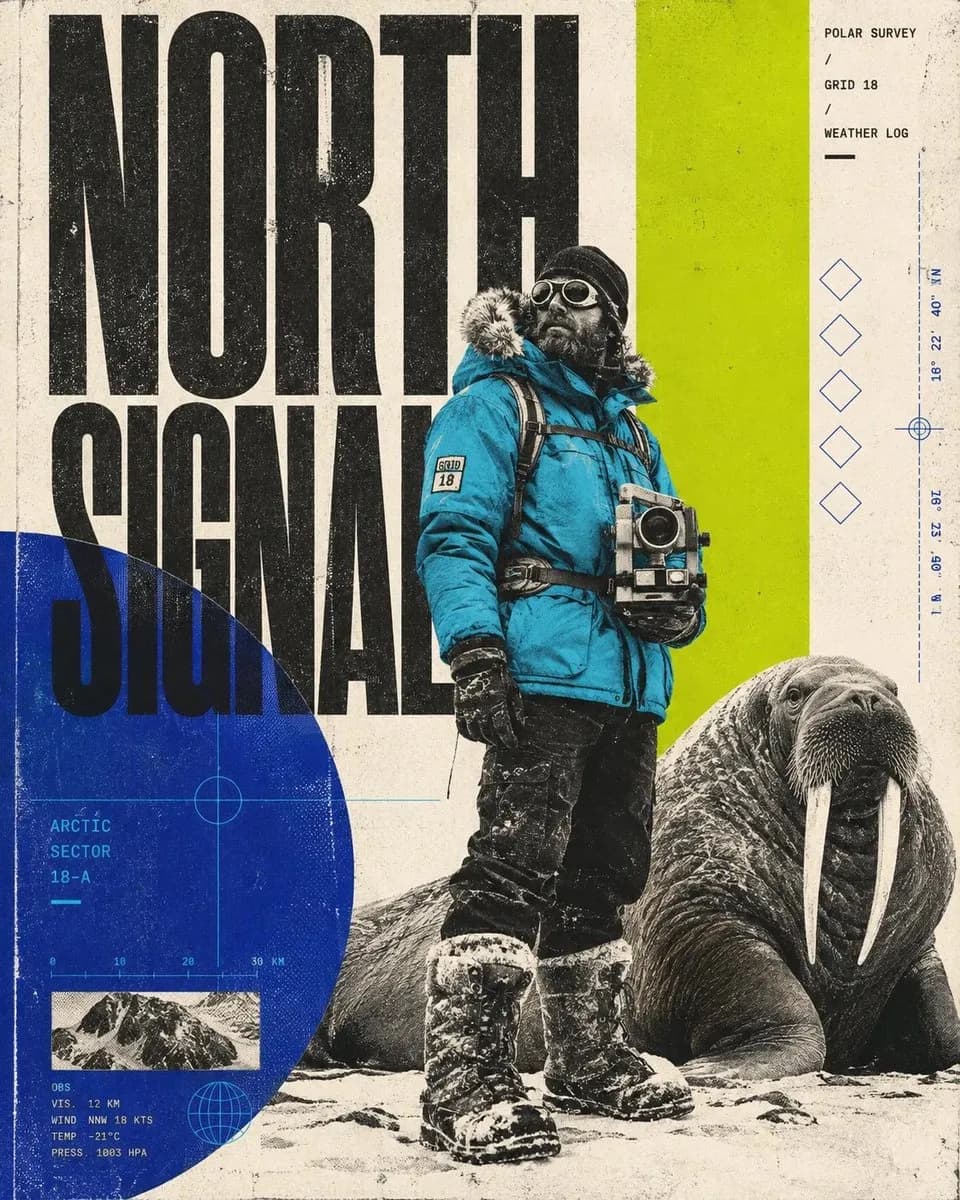 An editorial poster in blue and lime with a polar explorer beside a walrus.
