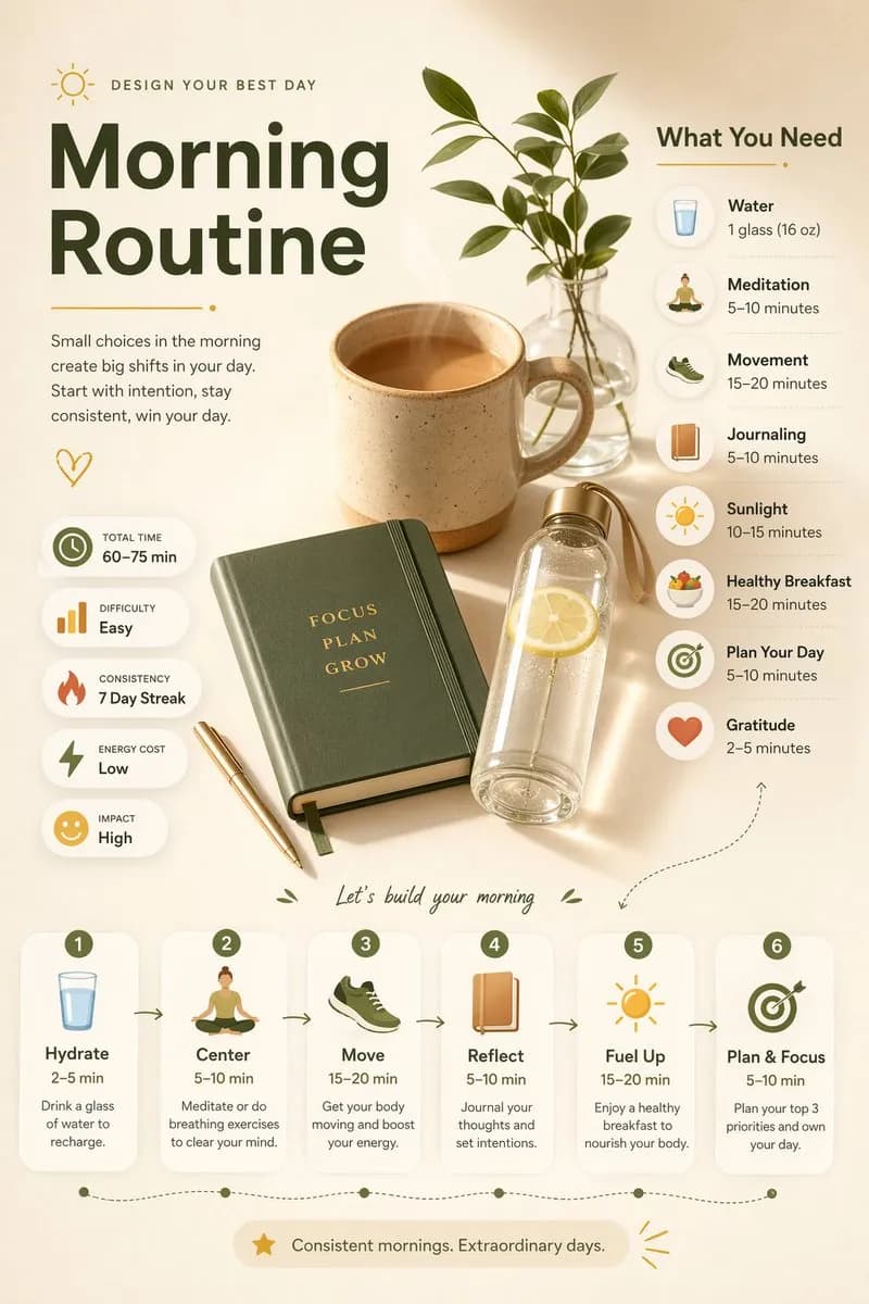 A morning-routine layout with a top-down shot of a notebook, water bottle and coffee cup.