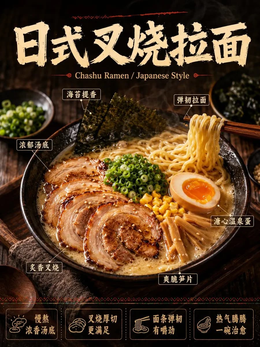 A chashu ramen poster with ingredient callouts placed around the bowl.