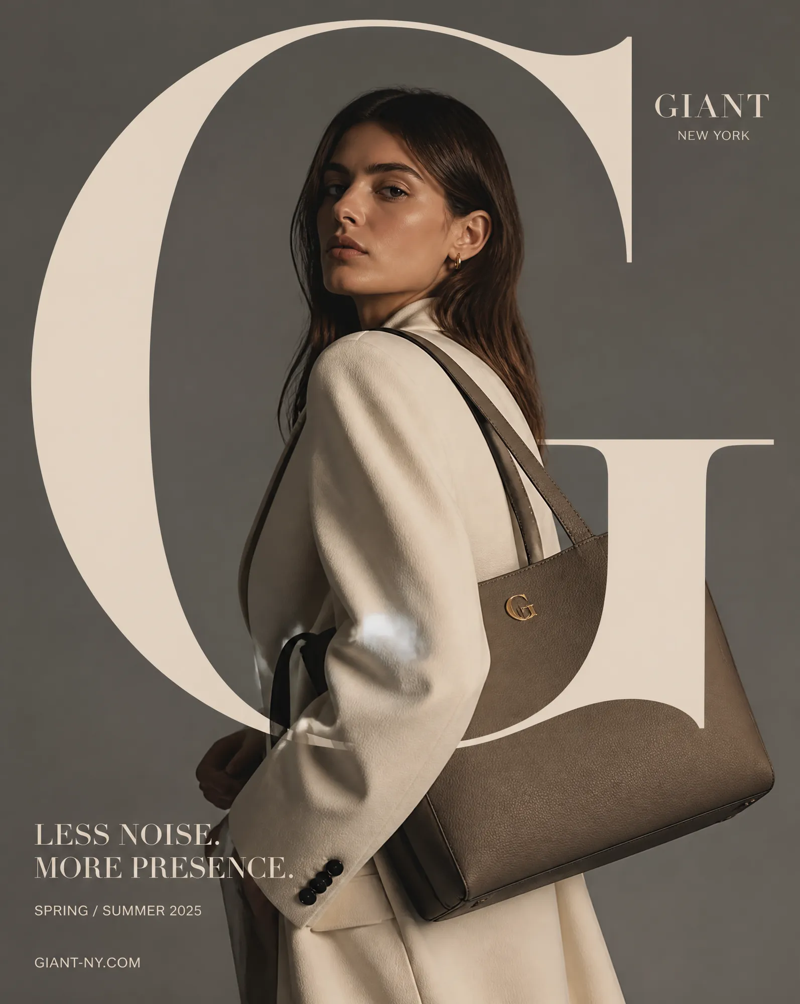 A beige fashion campaign shot with an oversized letter G behind a model carrying a leather bag.