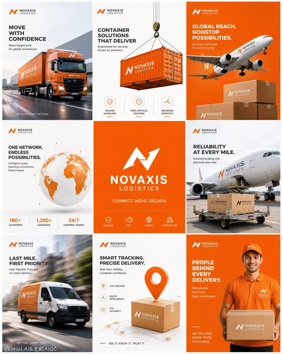 A nine-tile grid for the Novaxis logistics brand with trucks, containers and aircraft in orange and white.